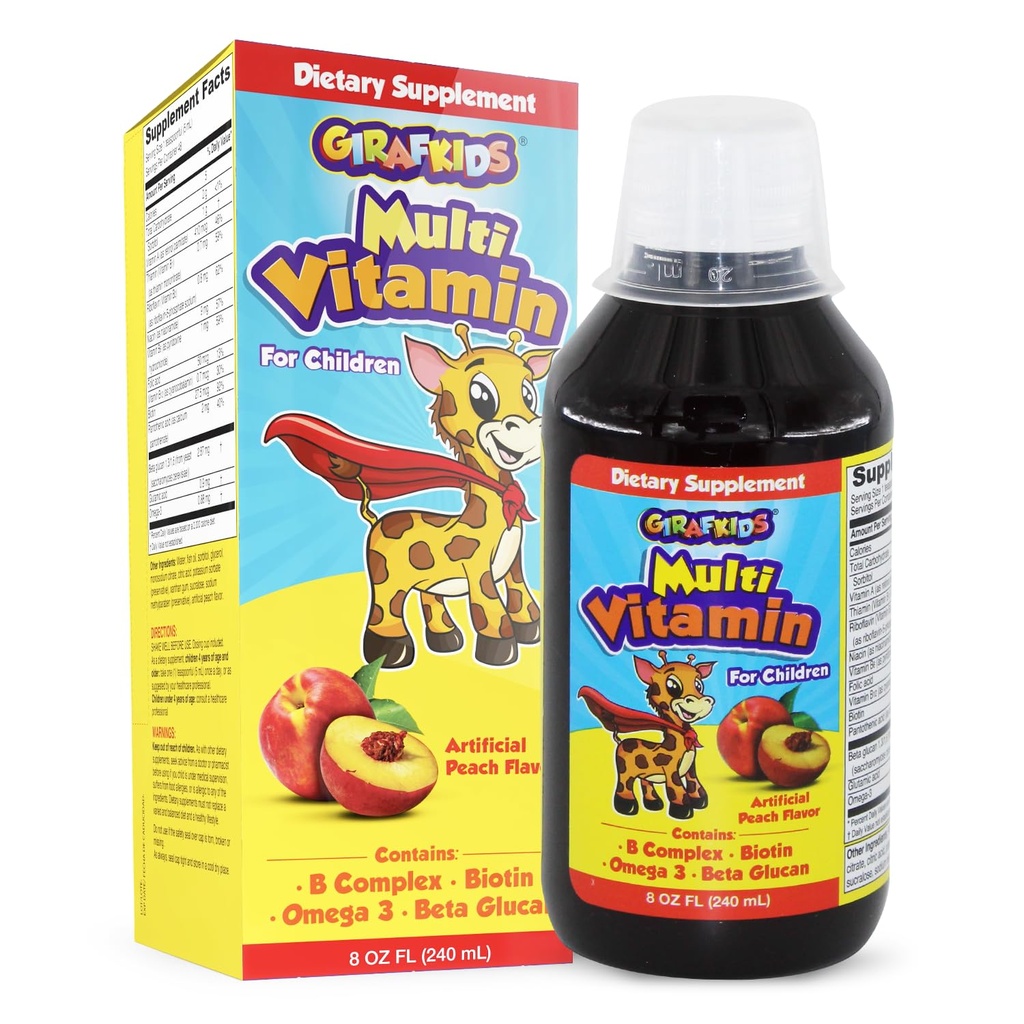 GirafKids flytende multivitamin for barn alder 4+, 8oz - daglige barnevitaminer med biotin, vitamin A, B kompleks, folsyre, Omega-3 & Beta glucan - Dietttilskudd for barn vekst og energi
