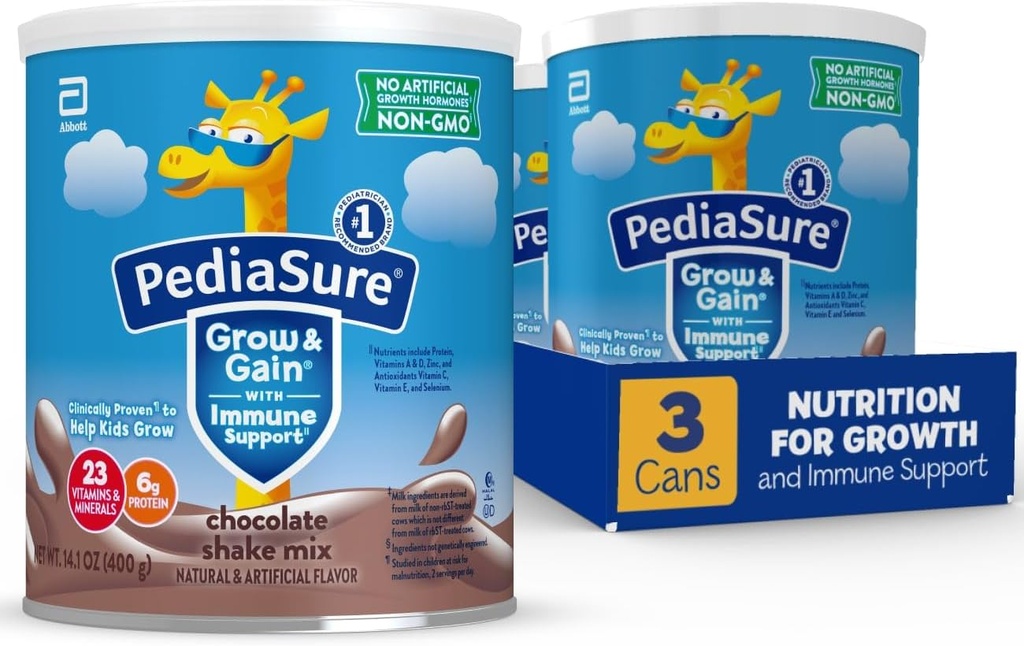 PediaSure Grow & Gain med immunstøtte Shake Mix Powder, 23 vitaminer og mineraler, 6g Protein, Ikke-GMO, Glutenfri, Sjokolade, 14,1 oz Can, Pakke med 3-24 porsjoner