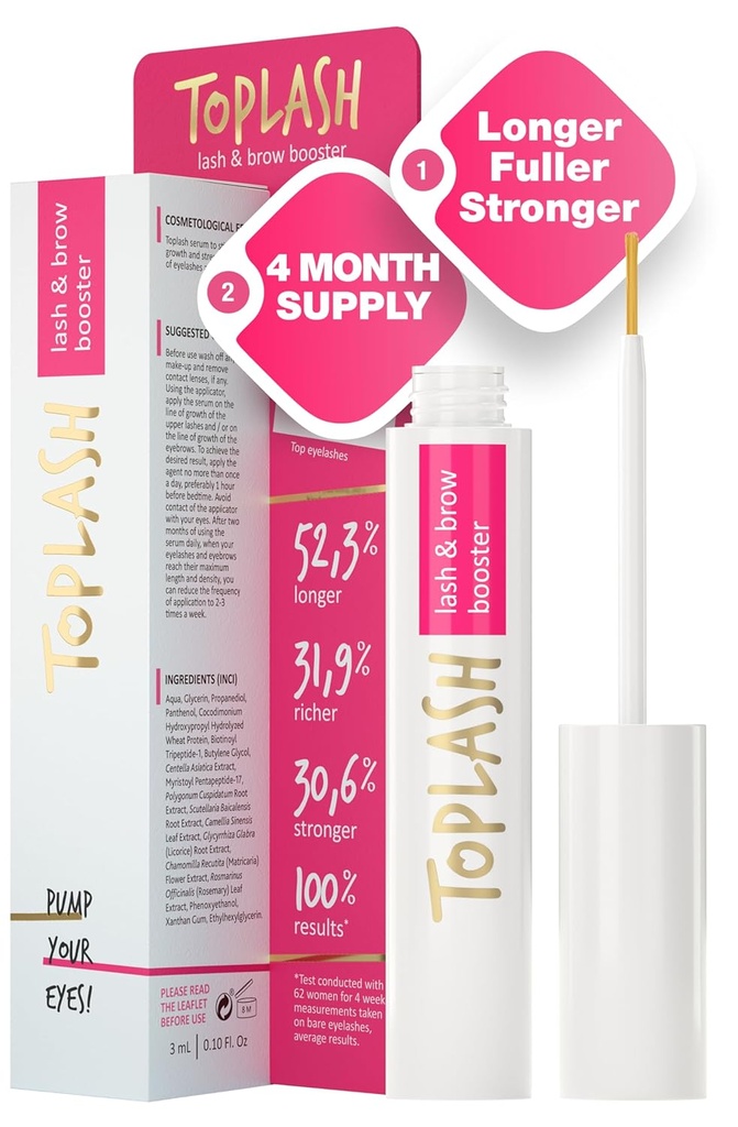 TOPLASH Eyelash Growth Serum - Innovativ Formel for Longer, Thicker, Fullere Brows & Lashes - Naturlig, Cruelty-Free & Hypoallergenic - 0.10 fl.oz.