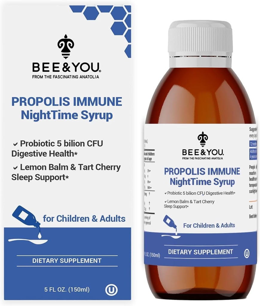Bee og du Propolis Natttid Syrup med probiotiske, vitamin C, og eldrebær - Gentle Formula for voksne og barn, 5 Fl Oz