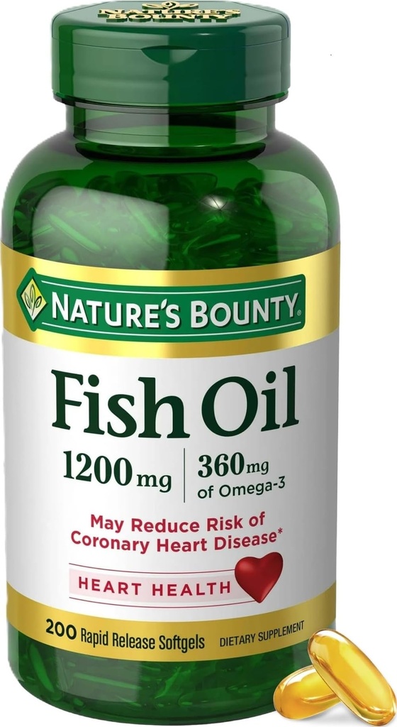 Naturens Bounty Fish Oil Omega 3 Kosttilskudd - Støtter hjerte helse, 1200 Mg Fish Oil, Omega-3, 200 Softgels (pakke av 1)
