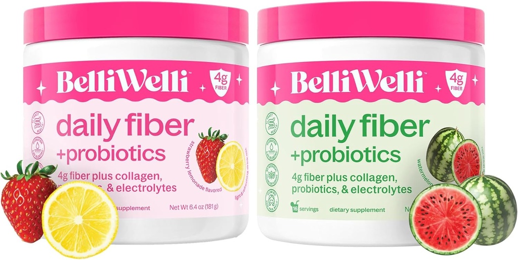 Belli Welli Daily Fiber Supplement Bundle - Strawberry Lemonade & Watermelon - kollagen, probiotika og elektrolyter for balansert velvære - Oppfriskende Flavors, 32 Serveringer Totalt