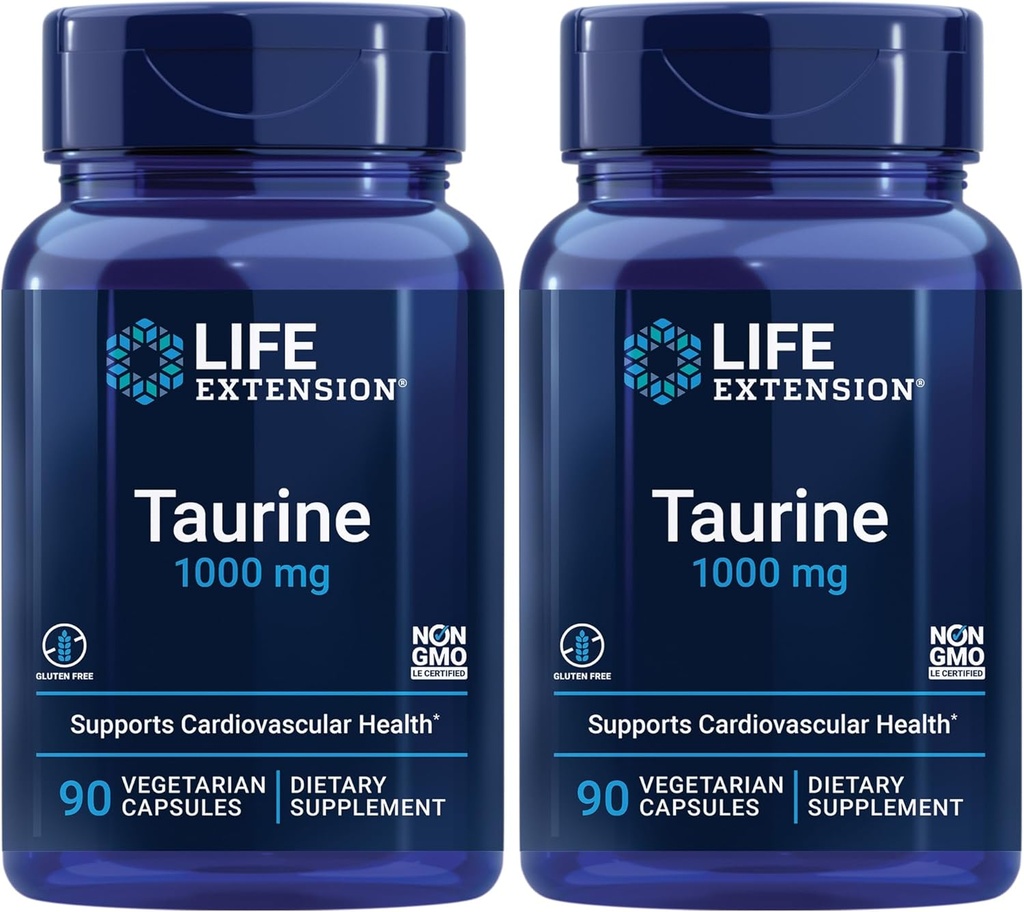 Life Extension Taurine, ren Taurin Aminosyre Supplement, hjerte, lever og hjerne helse, lang levetid, muskel og mosjon, 1000 mg dose, ikke-GMO, Glutenfri - To pakke - 90 vegetariske kapsler x 2