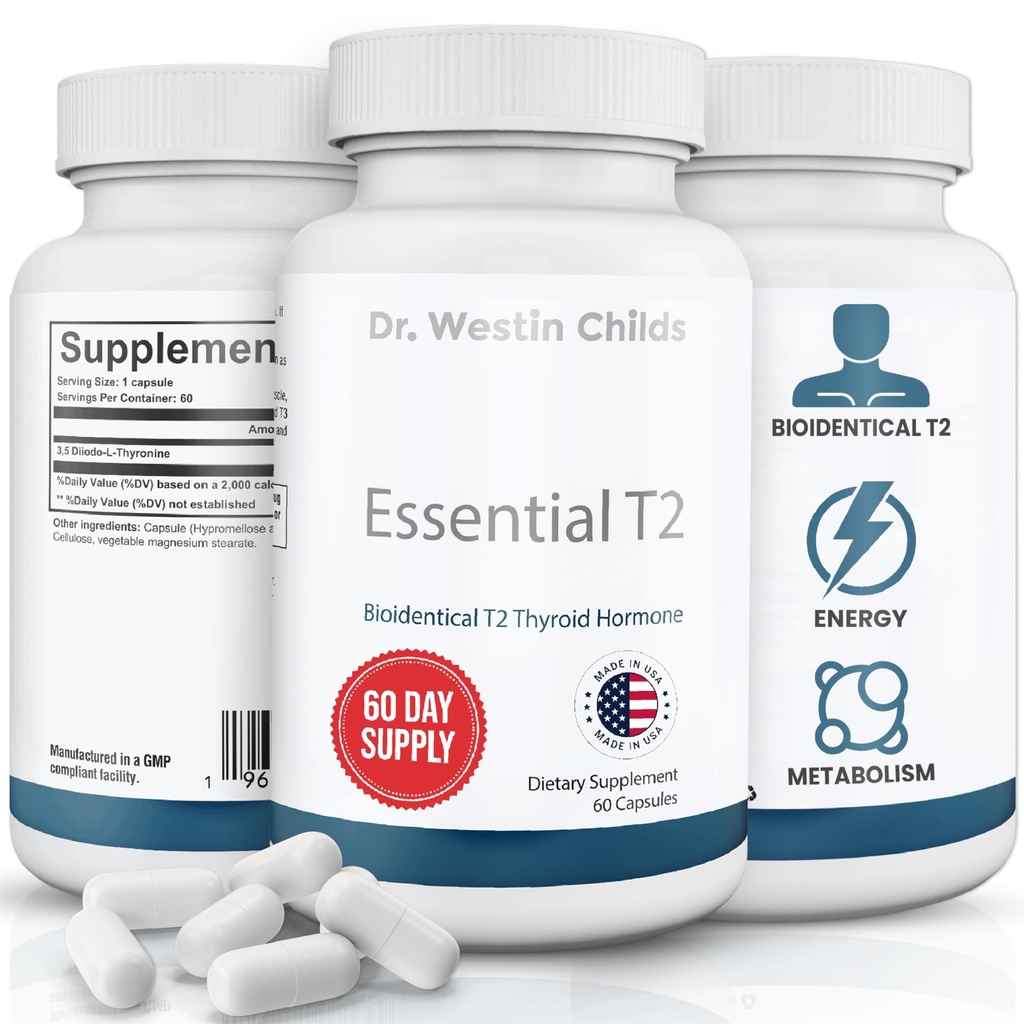 Dr. Westin Childs Essential T2 - T2 Thyroid Support Supplement med Bio-Identical 3.5 Diiodo-l-thyronin for hypotyroidisme, Hashimotos, Thyroidectomi & Rai, Non GMO, 60 dagers forsyning