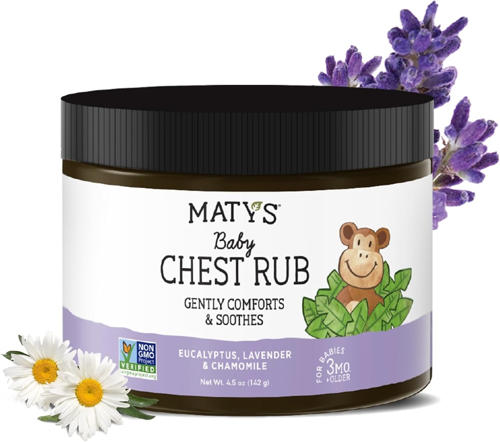 Matys Baby Chest Rub, Soothing Congestion Relief Vapor Rub for babyer 3 måneder gammel +, ren & komforterende Eucalyptus, Lavender, & Kamille for søvn, ikke-GMO, Petroleumsfri, Menthol Free, 4,5 oz Tub