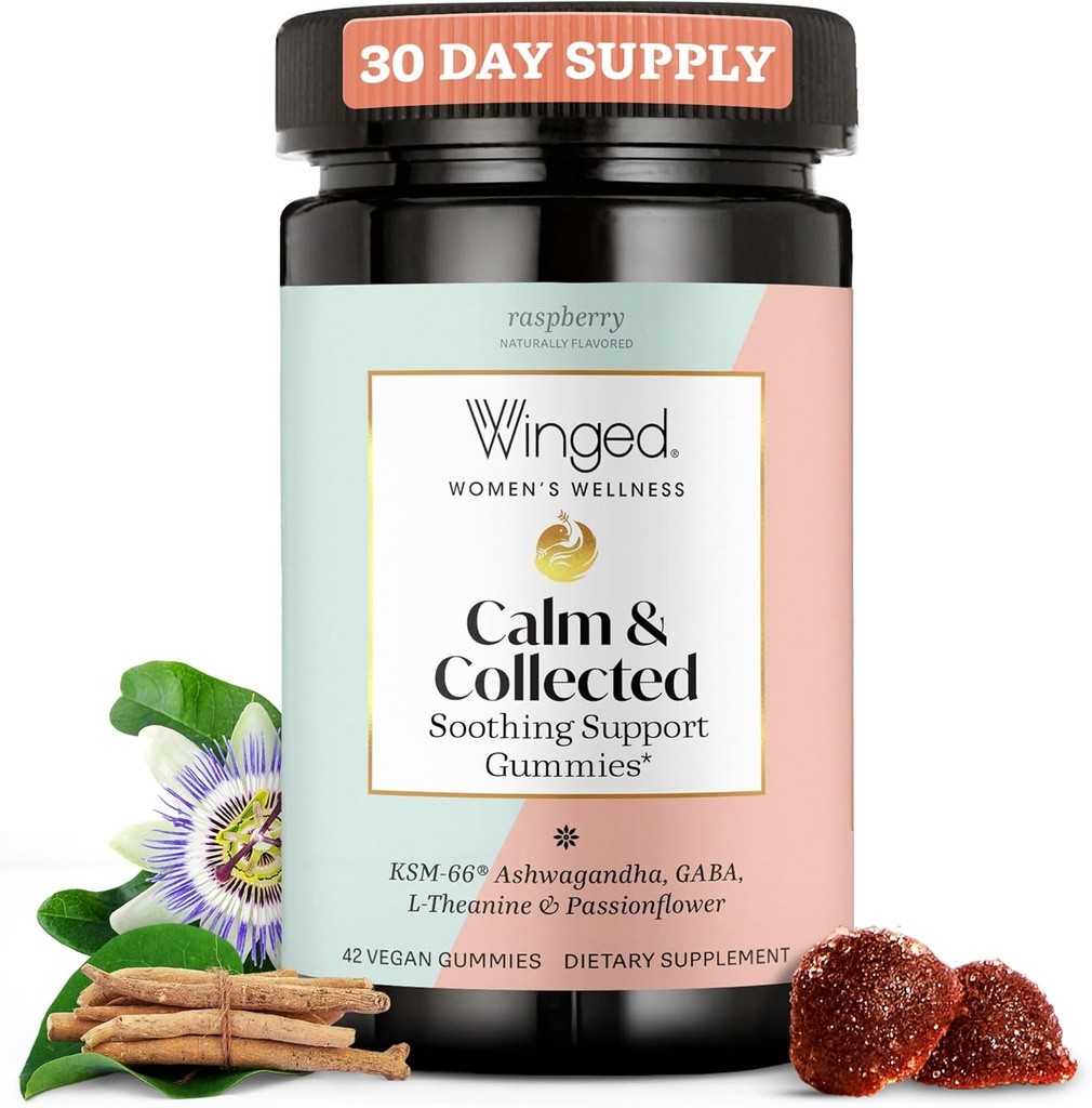 Winged velvære rolig og samlet, Stress Relief Gummies - Stress Support Supplement med KSM-66 Ashwagandha, L-Theanine, GABA og Passionflower - Vegan & Glutenfri Gummy - bringebær, 42 greve