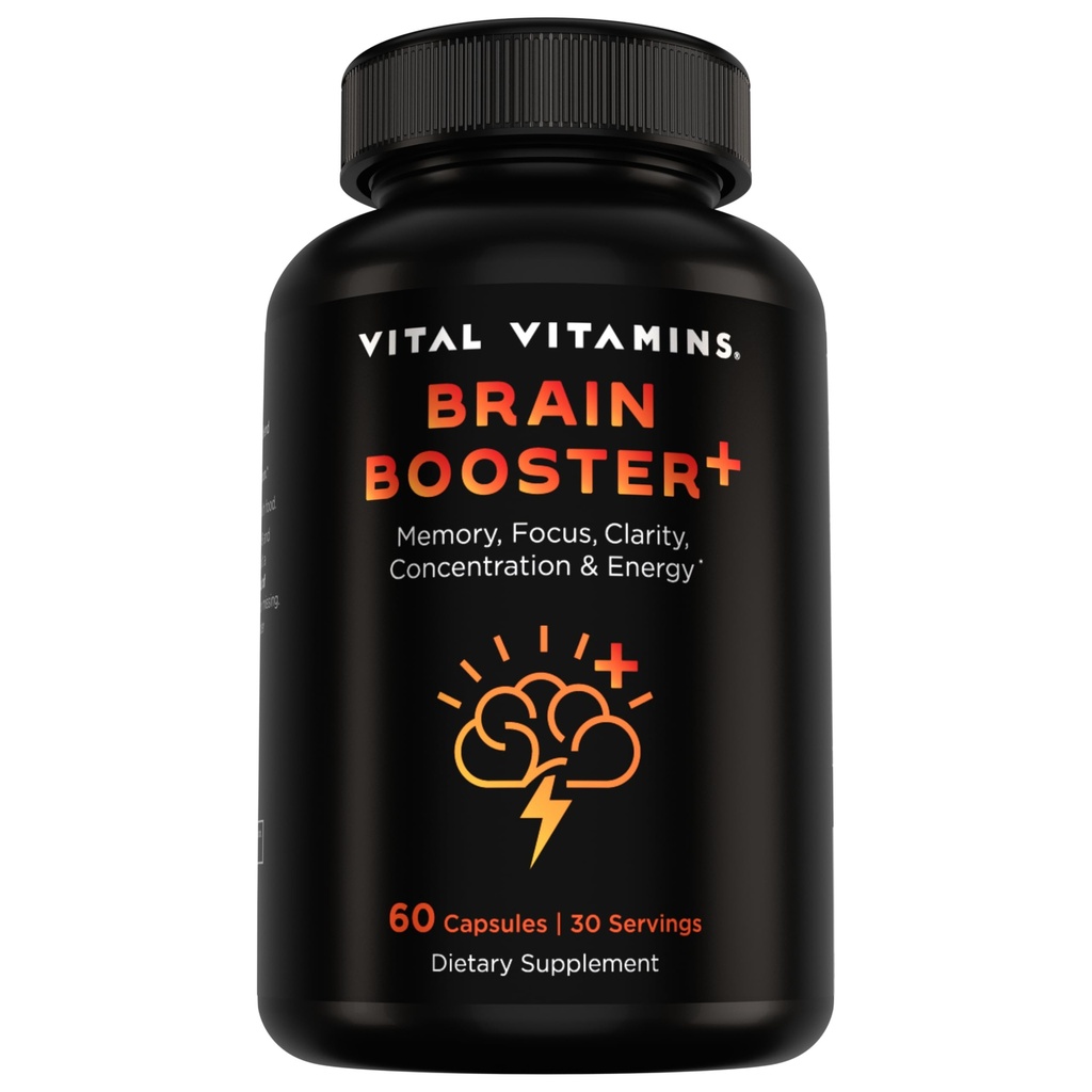 Vital vitaminer Nootropic Brain Supplement Plus - for hukommelse, fokus, konsentrasjon, nevroenergi, klarhet - med Lion's Mane Mushrooms - 60 Kapsler