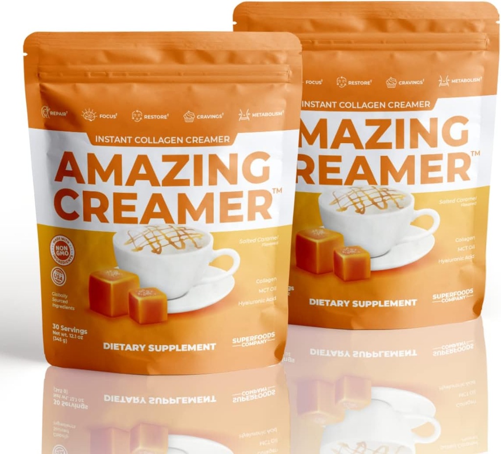 Superfoods Company Amazing Creamer with Collagen - Keto Creamer-Hyaluronic Acid & MCT Oil - Brain Boost & Curbs Cravings - støtter sunn hud og hår - Diett-vennlig [60 serveringer] [Salted Caramel]