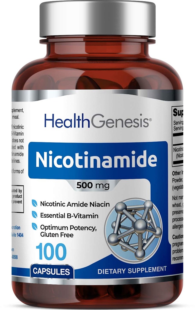 B-3 Nicotinamid 500 mg 100 Caps - Nikotinic amid Niacin Natural Flush-Free Vitamin Formula - støtter hudcelle helse