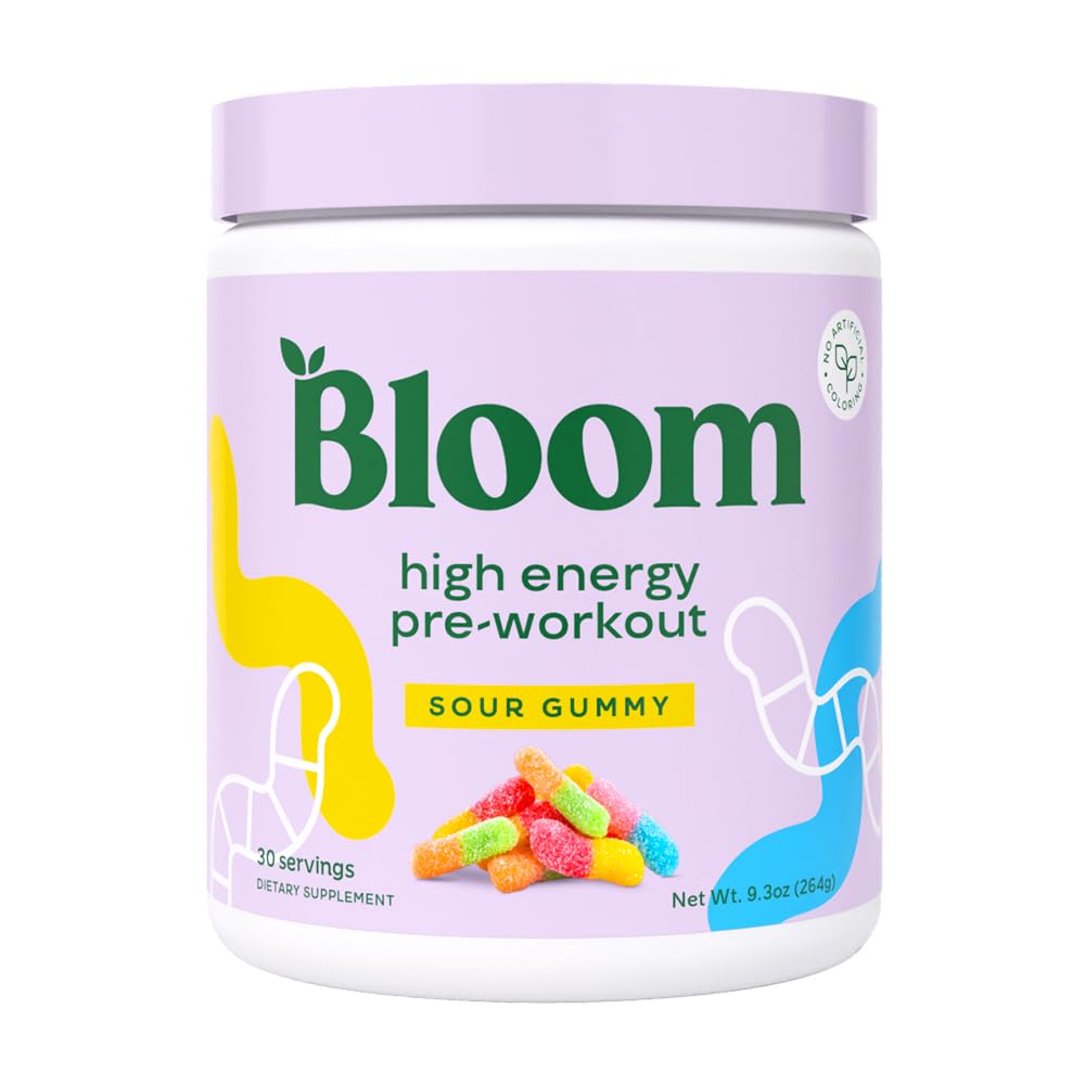 Bloom Nutrition høy energi pre trening pulver, Amino energi med Beta Alanine, Ginseng & L Tyrosin, naturlig koffein pulver fra grønn te ekstrakt, sukker gratis og keto drikk blanding (Sour Gummy)