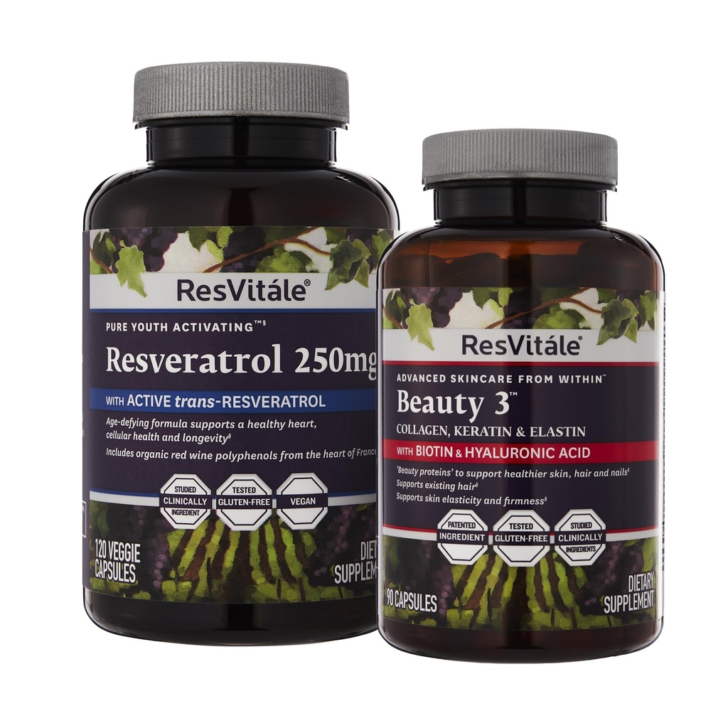 ResVitale Beauty 3 - Hudpleie Supplement med kollagen, keratin og elastin - 90 Kapsler og Resveratrol 250 mg - Resveratrol Supplement for menn og kvinner - 120 Veggie Capsules