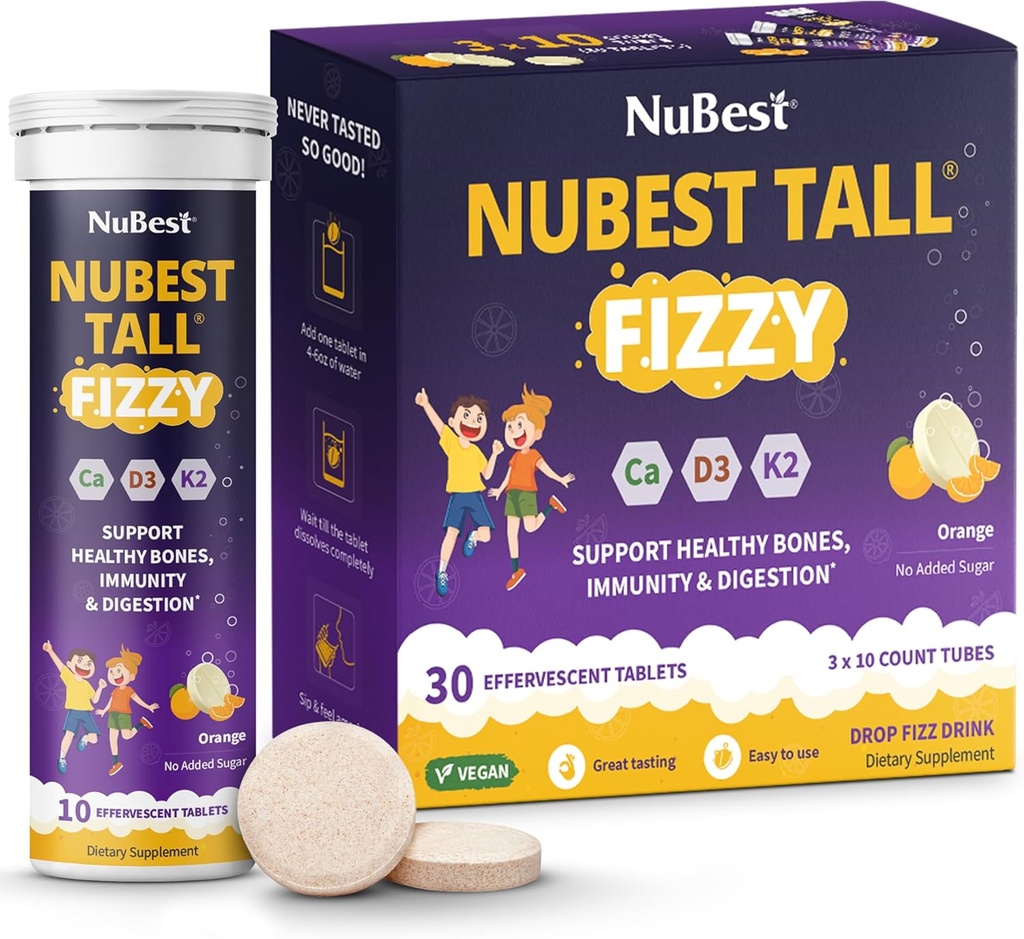 NuBest Tall Fizzy - Bone Styrke, Immunitet, Digestiv Helse for barn Alder 4+ & Tenåringer | Probiotiske, Kalsium, Magnesium fra Rød Marine Algae, Vitaminer | 30 Orange Effervecent Tabletter | Pakke 3