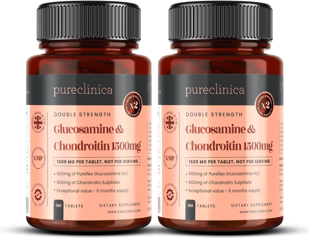 renclinica 1500mg Glukosamin HLC og Chondroitin x 360 tabletter (2 flasker på 180) - 12 måneders forsyning. Den mest effektive og bioaktive: Chondroitin 90%, Glukosamin HCL 83,1%