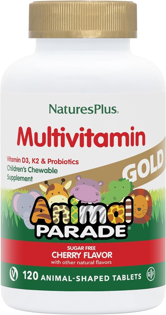 NaturesPlus Animal Parade Gull Barn Chewable Multivitamin - Naturlig Cherry Flavor - 120 Animal Shaped-tabeller, Pakke med 2 - med vitamin D3, K2 & Probiotika - 120 Total Services