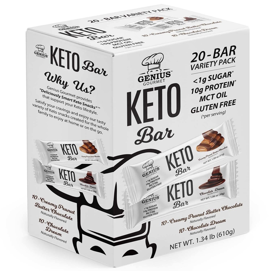 Genius Gourmet Glutenfri ketoproteinbar, sjokolade ketobarer, premium MCTs, lav carb, lav sukker (variety pakke, 20 greve (pakke med 1))