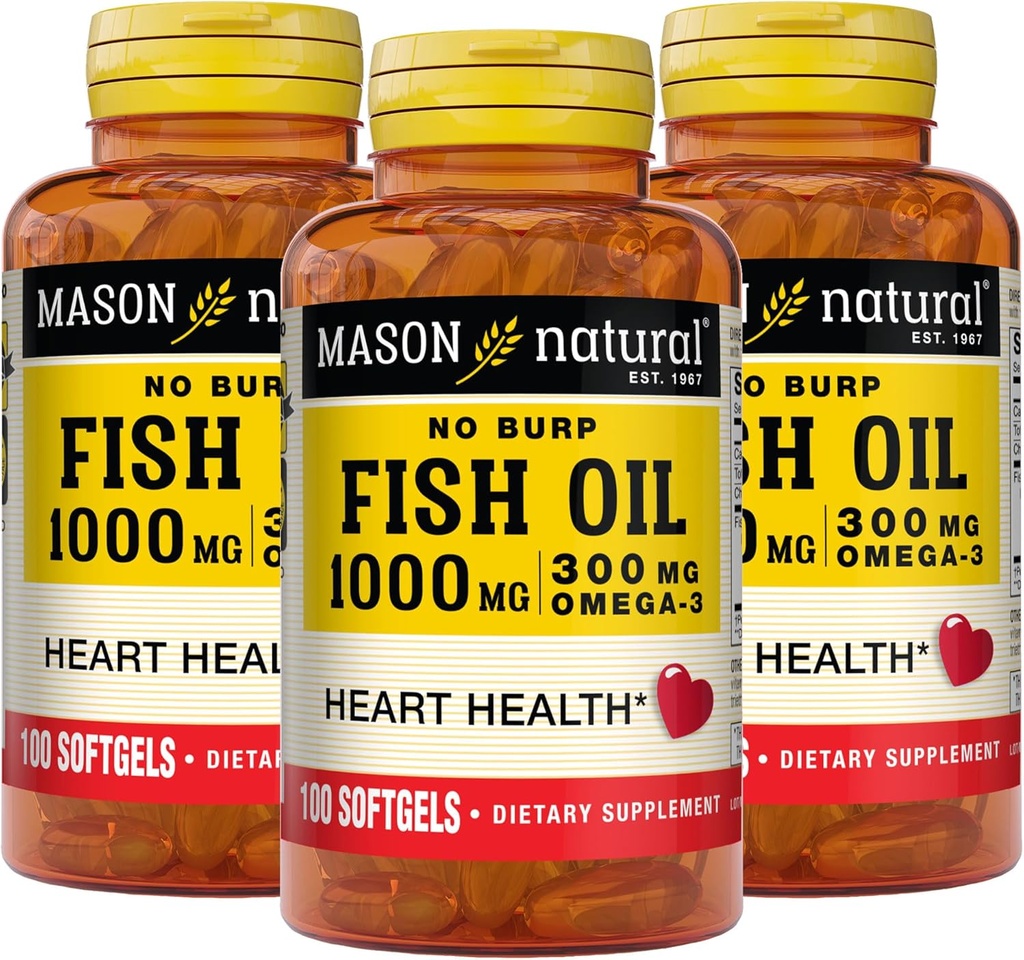 Mason Natural No Burp Fish Oil 1000 mg Omega,3 300 mg, støtter normal hjerte helse, 100 softgels (pakke med 3)