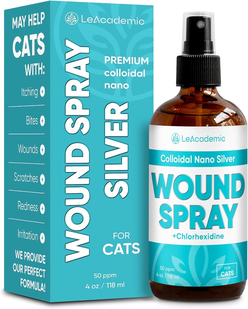 Cat sår Care Spray er perfekt med Cat Cone | Nano Silver + Chlorhexidin i komposisjonen | Bites, Scratches, rødhet, irritation og suturer etter kirurgi | 4 Oz
