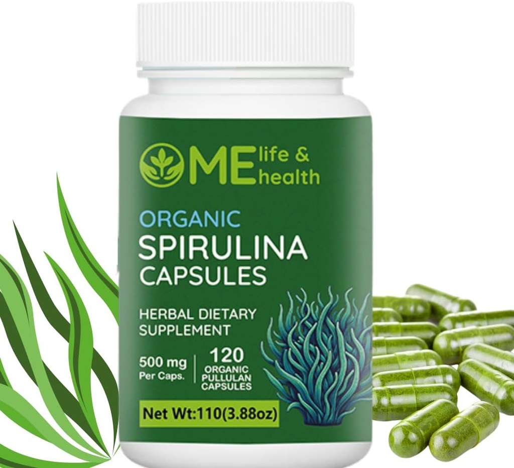 ME LIFE & Helse Spirulina Kapsler, 100% organisk spirulina pulver (120 ct) 500 mg rik på protein, vitaminert A, B12 Antioksidanter og vitaminer, vegansk, naturlig og ren spirulina ikke-GMO og glutenfri