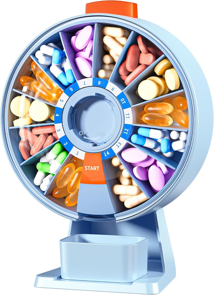 Zoksi Large Pill Organizer, Daglig Pill Box i 7 eller 14 dager, Veggmonterbar Pill Dispenser Hold for medisin, vitamin eller kosttilskudd, ukentlig Pill Case med enkel trykkknapp (blå)