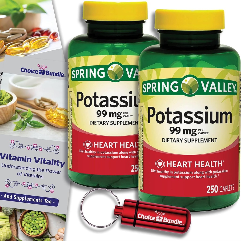 Valg Bundle Spring Valley Kalium hjerte helse Diett kosttilskudd Caplets 99 mg 250 CT 2 pk (500 totalt) + \"Vitamin Vitality\" Guide & Keychain Pill Container (4 varer)!