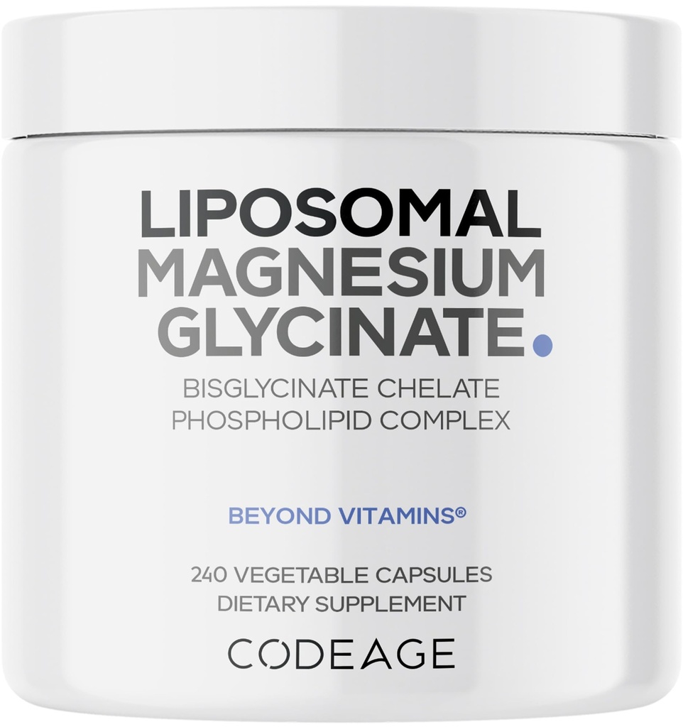 Codeage Liposomal Magnesium Glycinat Supplement, 2-måneders forsyning, Bisglykinat Magnesium Chelat, Chelated Magnesium Mineral Piller, BioPerine Black Pepper Vitaminer Kapsler, Ikke-GMO Vegan, 240 ct