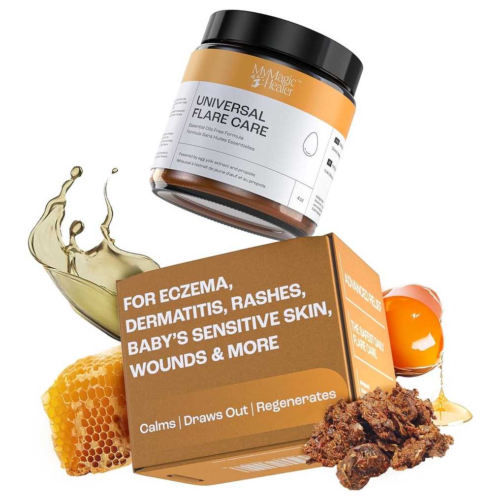 MyMagicHealer Universal Flare Care | Eterisk oljefri | Relief for utsletter, Eczema, Psoriasis, Hidradenitis Suppurėa, Impetigo, Dermatitt, Sårpleie, Sensitive hud w/Propolis & Egg Yolk 4 oz