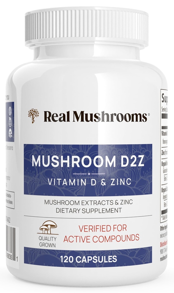 Ekte Mushrooms Sink og vitamin D2 kapsler - med organisk Chaga og Reishi Mushroom ekstrakter - Vitaminer for total velvære støtte - Vegan, ikke-GMO, Glutenfri - 120 Count Mushroom Supplement