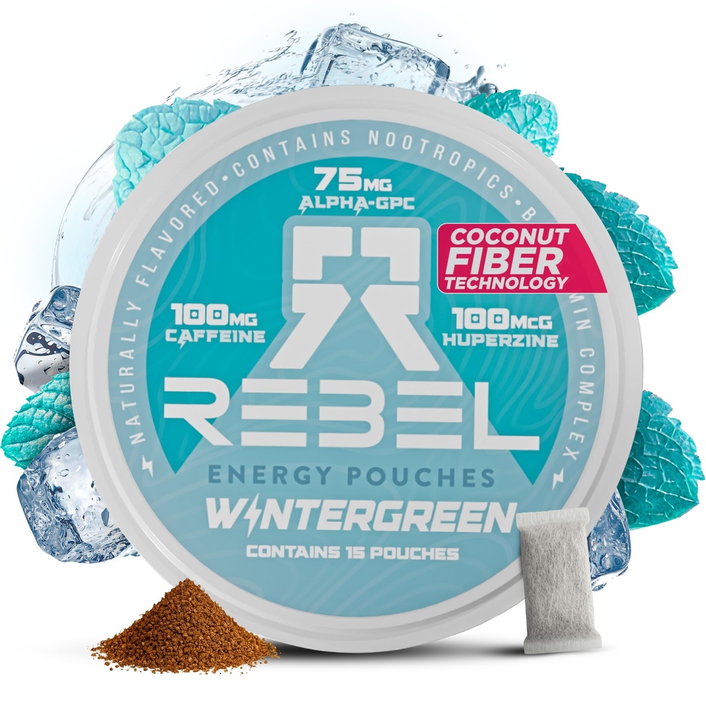 Nootropic Energy Koffein Pouches • 100 mg Koffein • Alpha GPC • Huperzine A & Essential Vitaminer • Sukkerfri • Kokosfiberteknologi • Wintergreen Flavor • 15 Pouches Per Can (pakke med 1)