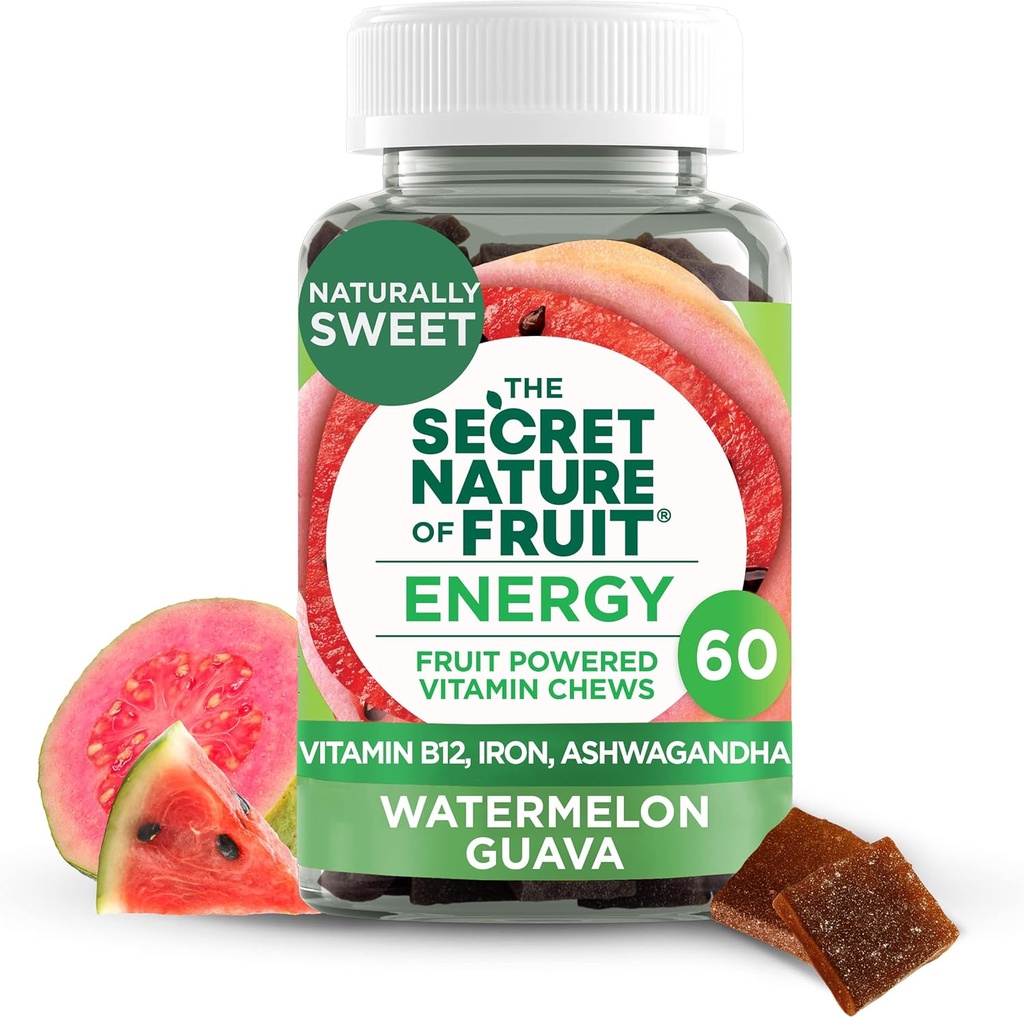 Den hemmelige naturen av frukt energi Chews, ekte frukt drevet vitamin Chews med vitamin B12, jern, Ashwagandha, vannmelon & Guava for lang varig energi (60 count), rosa