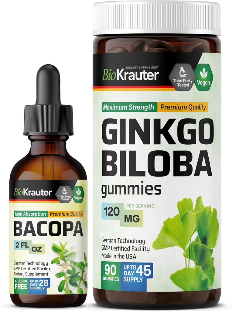 BIO KRAUTER Bacopa Tinktur 2 Fl. Oz. & Ginkgo Biloba 90 Gummies