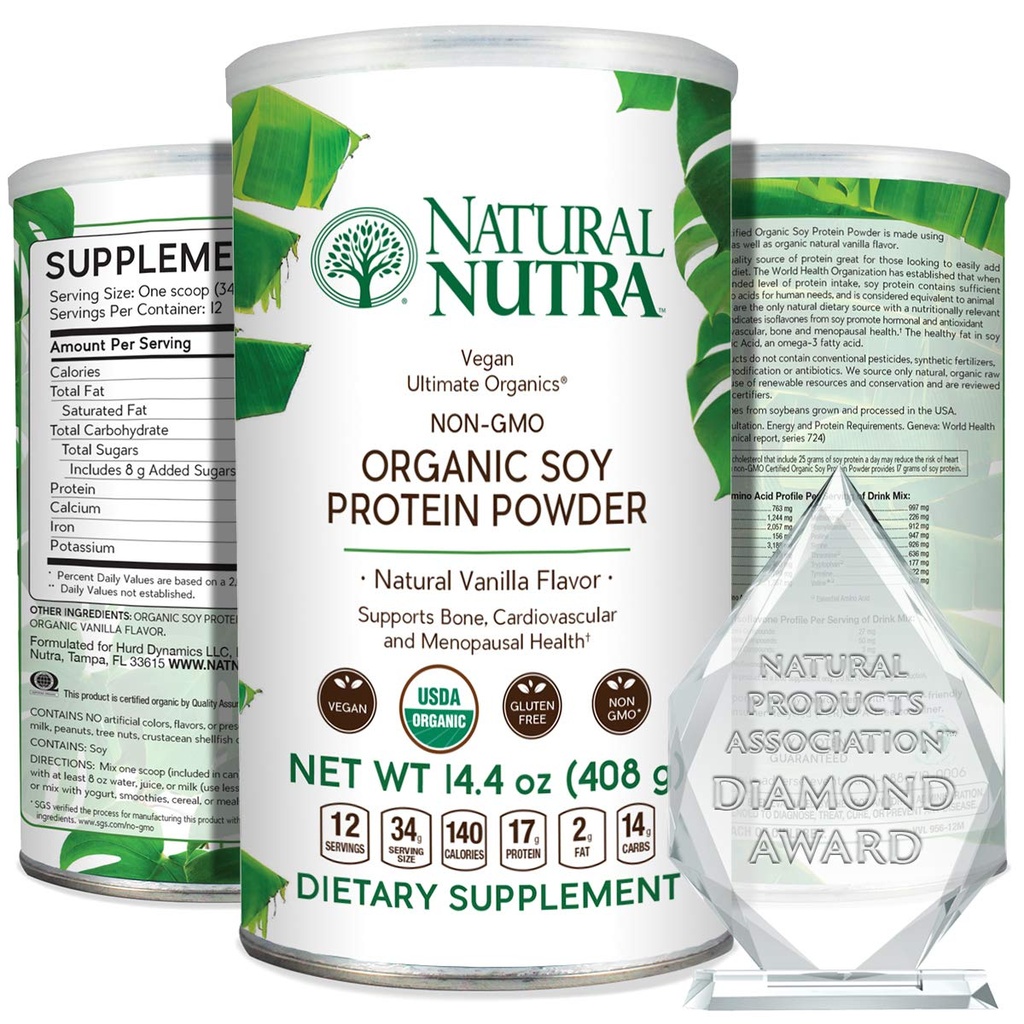 Naturlig Nutra organisk vegansk plante basert soyaproteinkilde pulver, støtte mellomlivsovergang, støtter bein og forbedrer kardiovaskulær helse, glutenfri, ikke GMO, sukkerfri 14,4 OZ.