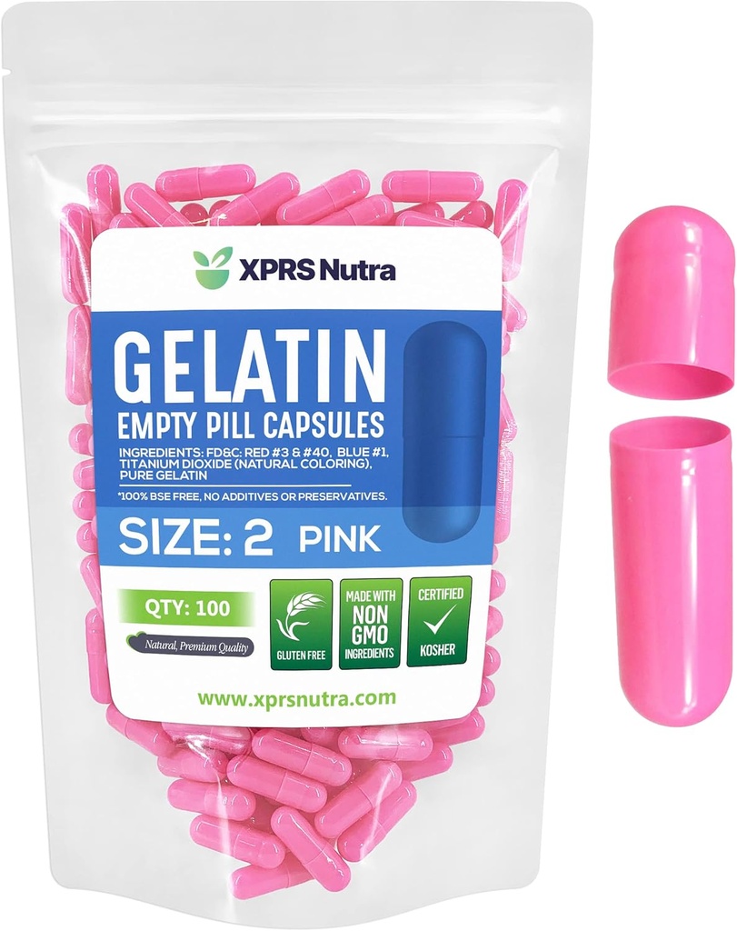 XPRS Nutra Størrelse 2 tomme kapsler - 100 telle tomme gelatinkapsler - piller DIY Capsule Fylling - ren Bovine Pill Gel Caps for Do-It-Selv Supplements (Pink)