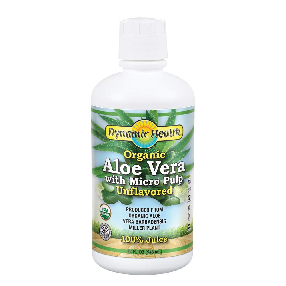 Dynamisk helse Organisk Aloe Vera Juice w/Micro Pulp, Uslavored | Ingen tilsatt sukker, kunstige farger eller søtstoffer, ingen gluten eller BPA | 32oz, 8 Serv