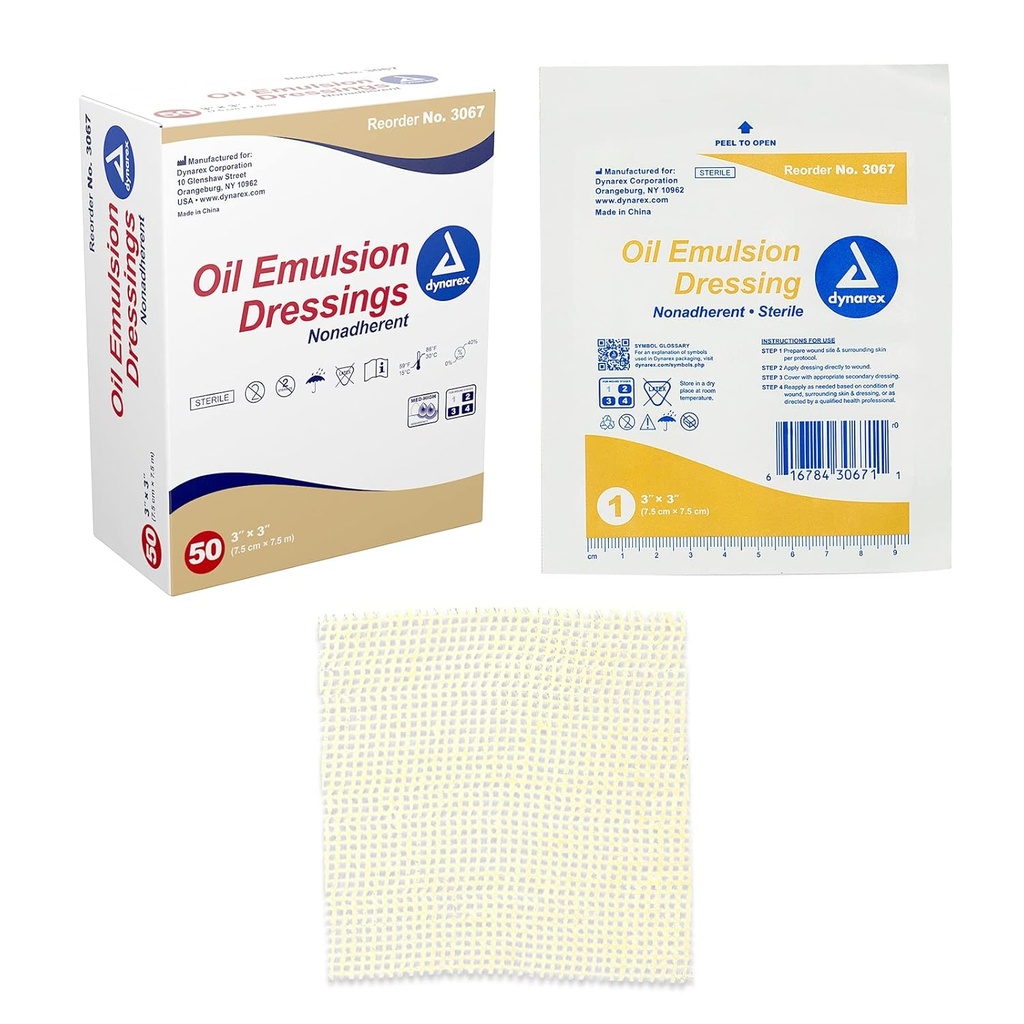 Dynarex Olje Emulsjonskjoler, sårpleie, Absorbent, 3\" x 3\" Steril Knitt Gauze Dressing med emulsjonsblanding av petrolatum og solflowerolje, 1 boks 50 olje Emulsjonskjoler