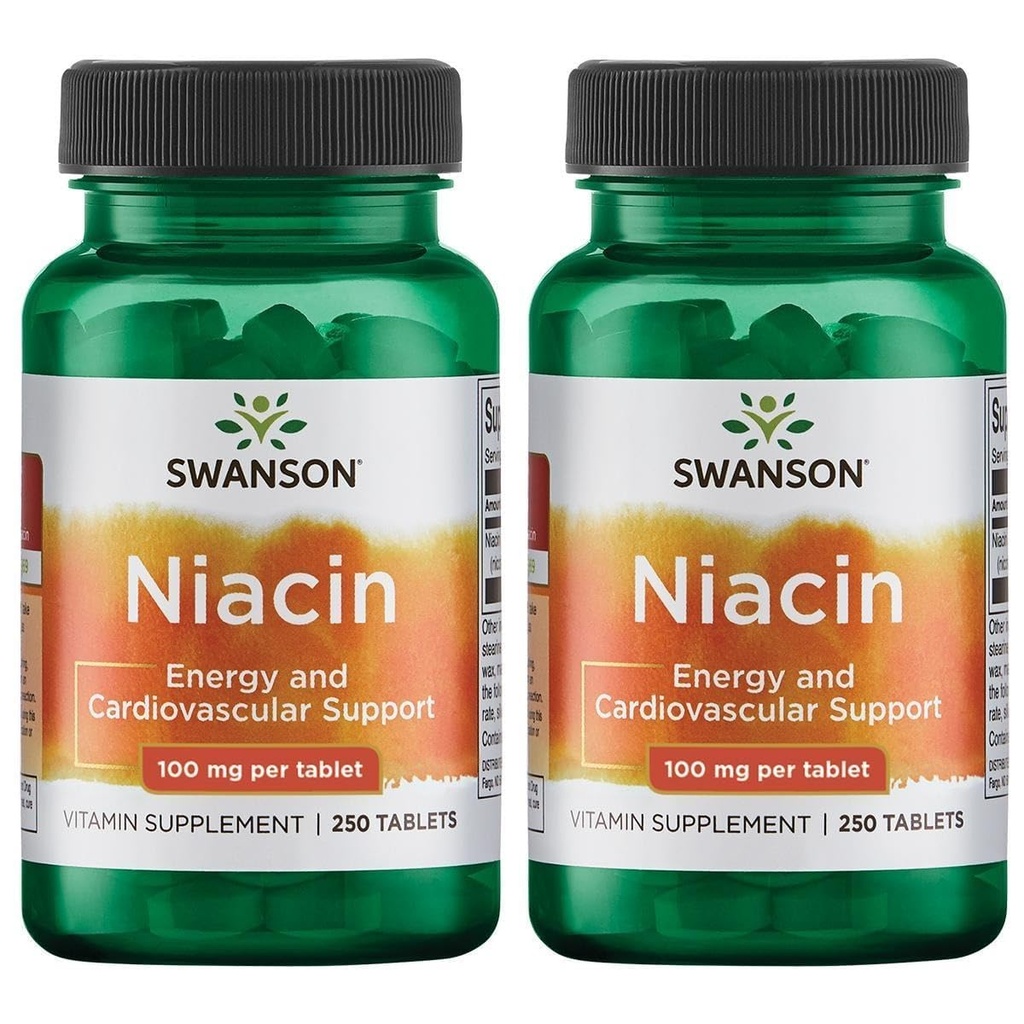 Swanson Niacin (Vitamin B3) - vitamin Supplement som støtter hjerte helse og karbohydratmetabolisme - fremmer naturlig energiproduksjon - (250 tabletter, 100 mg NE hver) (2 pakke)