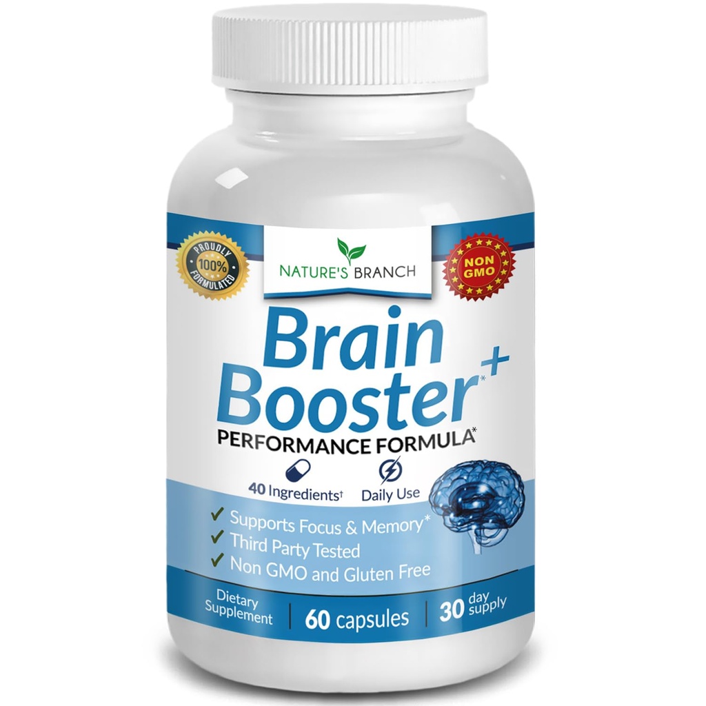 40-i-1 Brain Booster Supplement for fokus, minne, klarhet, energi | Avansert vitaminer Plus eBook | for menn og kvinner, Kognitiv funksjon Nootropisk støtte med DMAE, Mind Health Formula | 60 Kapsler
