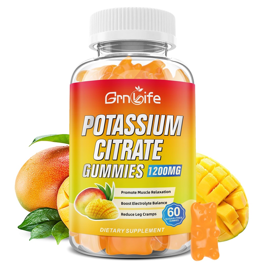 Kalium Citrate Gummies, høy Kalium Supplement Gummies 1200mg for voksne og barn, støtte Ben Kramper & Muskel Helse, Vegansk, Mango Flavor 60 Count