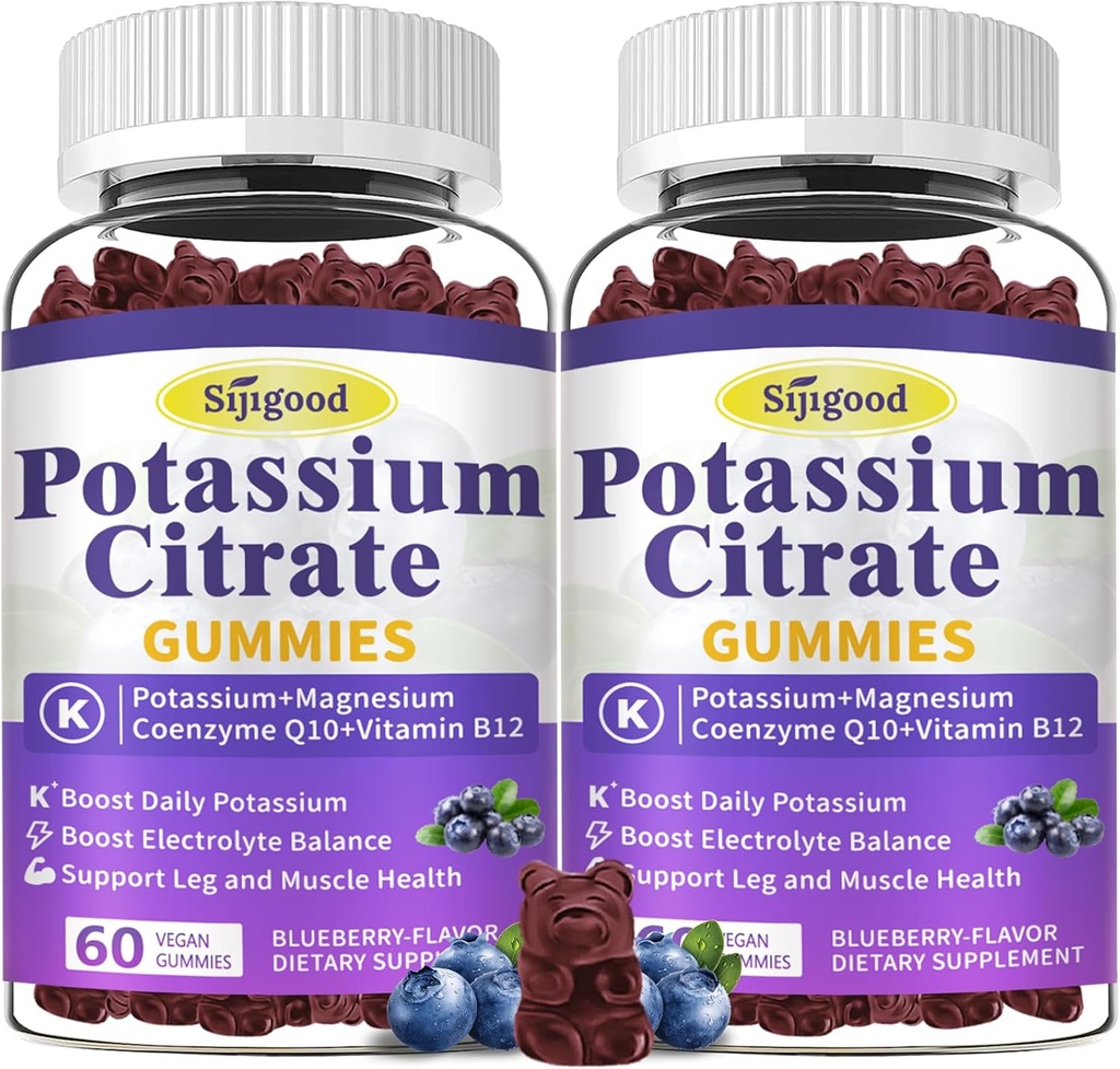 2 Pakke Kalium Citrate Gummies, Kalium Supplement for muskel helse, ben crampe relief & elektrolyt Balance, Vegan, Ikke-GMO, Glutenfri, Blåbær Flavor, 120 Tel.