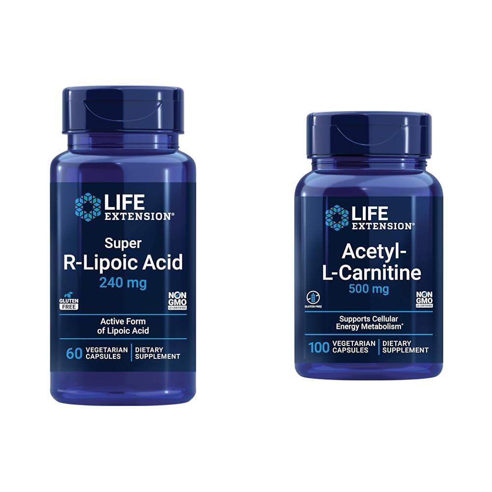 Livsforlengelse Super R-Lipoic Acid 240 mg og Acetyl-L-Carnitin 100 kapsler - cellulær energi og hjerne helse