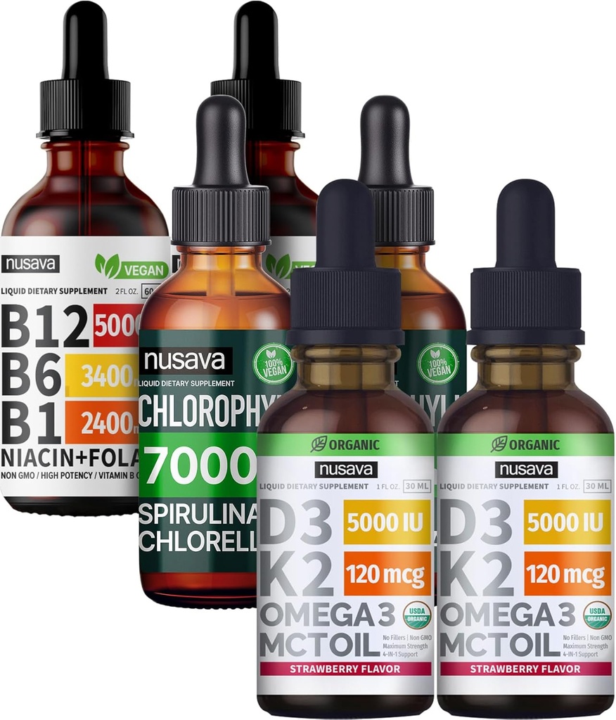 NUSAVA Strawberry Flavored D3 K2, Klorofyll, & vitamin B12 flytende dråper Bundle - Potent flytende vitaminer for hjerte, energi, hjerne og immunstøtte - Ikke-GMO, Glutenfri, 2pk Hver