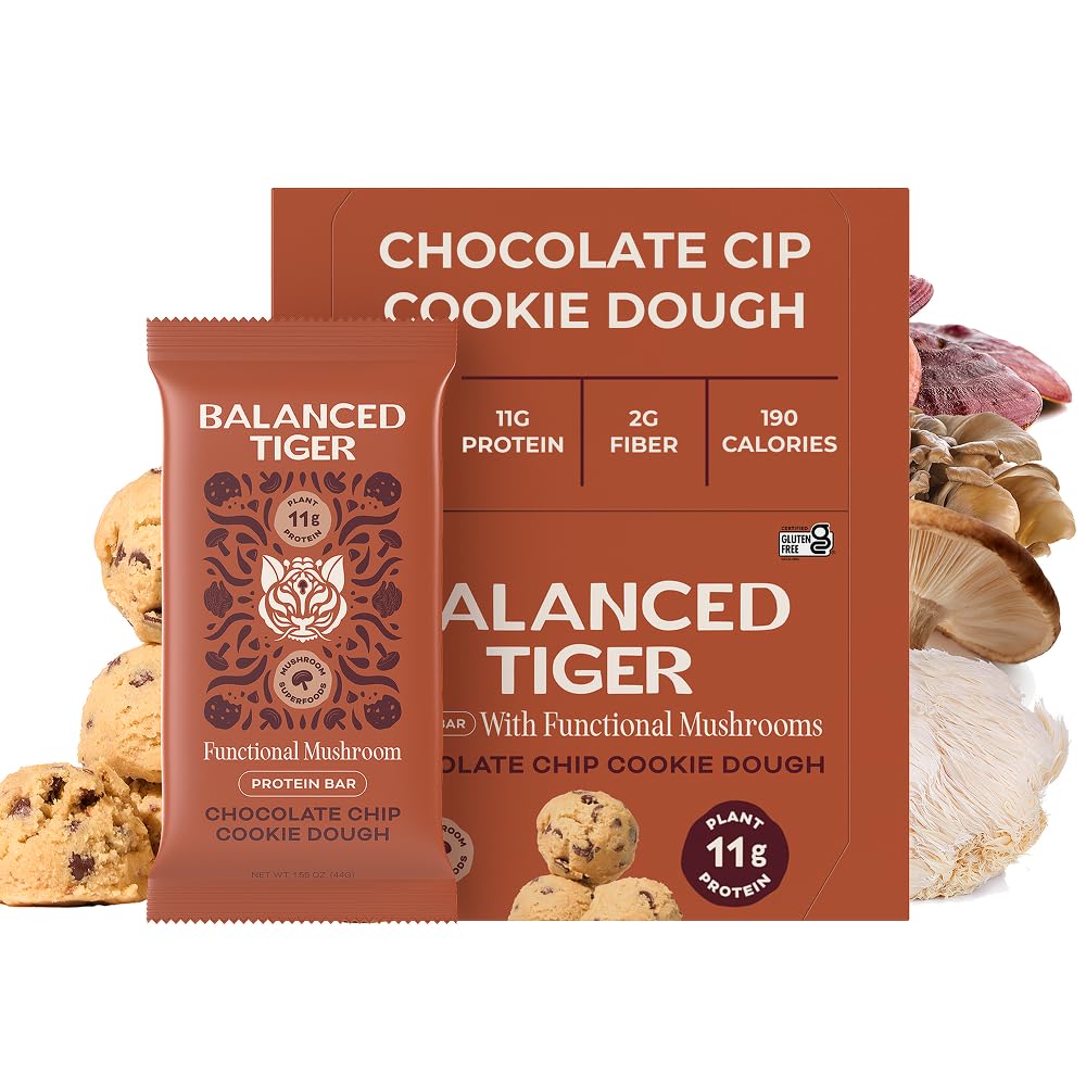 Økologisk funksjonell Mushroom Vegansk Protein Bars | Laget i USA | Full dose (1500mg) Lions Mane, Chaga, Reishi & Cordyceps Bars | Plante Protein Bars w / Adaptogens & Superfoods | Sjokolade Chip Cookie Daugh
