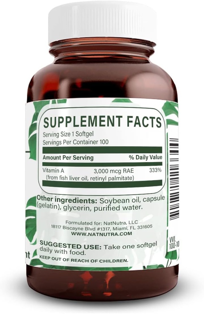 Naturlig Nutra Vitamin A 10.000 IU Softgels – høy potens øye og hudvitaminer – Glutenfri - Supplement for syn og hud helse – Fisk leverolje for menn og kvinner, Glutenfri 100 Softgels (3 pakke)