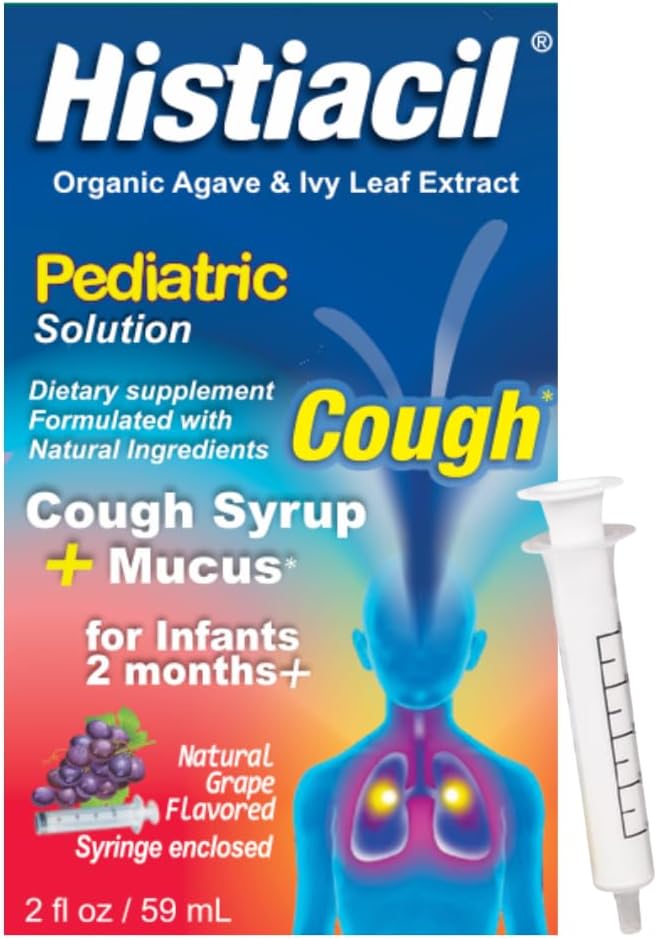 Histiacil Organic Agave Jarabe para tos, spedbarn 2 måneder og eldre, Cough + Mucus Relief laget med Agave & Ivy Leaf Extract, Pediatrisk Formula for barn dagtid Mucus Grape Flavor, 2 fl oz