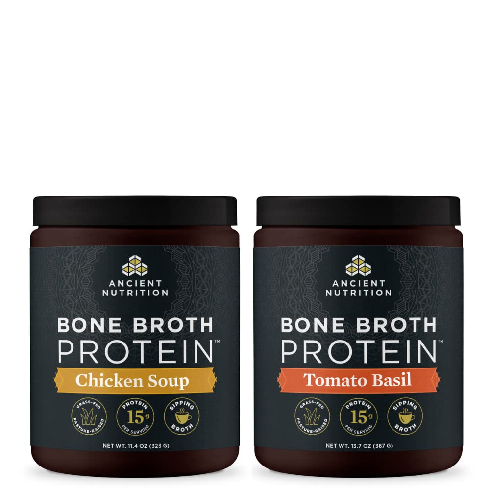 Gamle Nutrition Bone Broth Protein pulver, Kylling Suppe, 15 Serveringer + Bone Broth Protein pulver, Tomat Basil, 15 Serveringer