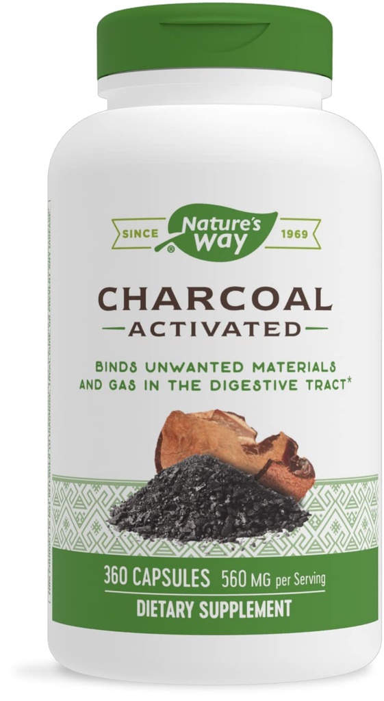 Naturens måte aktivert Charcoal, Binder uønsket materiale og gass i Digestive Tract*, 560 mg per 2-kapsule servering, 360 kapsler (Packaging May Vary)