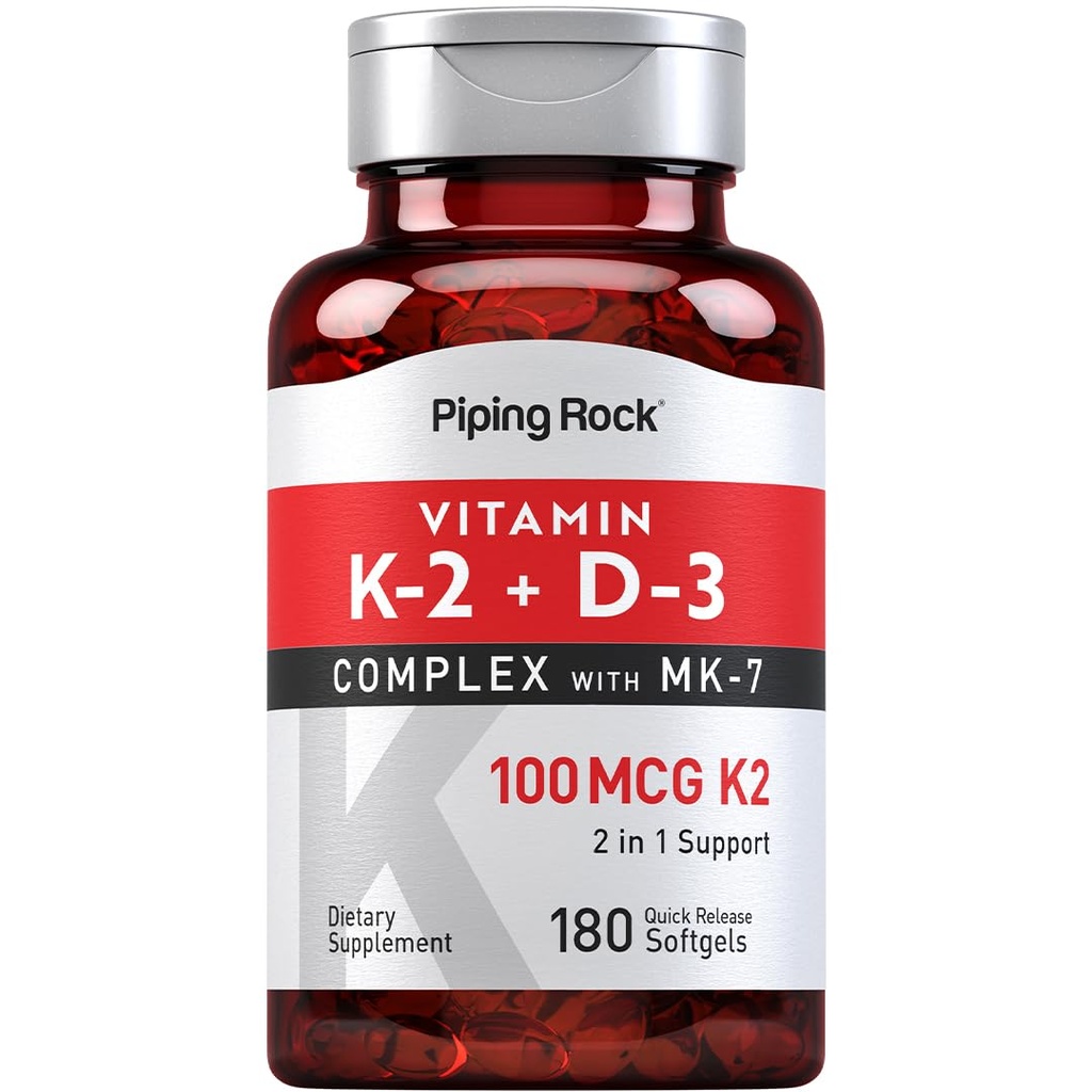 Piping Rock vitamin K2 D3 Supplement | 100 mg | 180 Softgels | Kompleks med MK7 | Ikke-GMO, Glutenfri