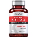 Piping Rock vitamin K2 D3 Supplement | 100 mg | 180 Softgels | Kompleks med MK7 | Ikke-GMO, Glutenfri
