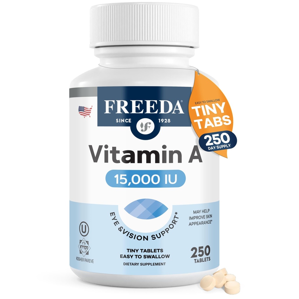 Freeda Vitamin A 15 000 IU – Retinyl Palmitat – Vegansk, Kosher, Ingen Fisk – Øye, Visjon, Immun & Hud Støtte – Tiny Easy-to-Swallow Tabletter – VIT A Vitamina A Supplement – 250 Tabletter