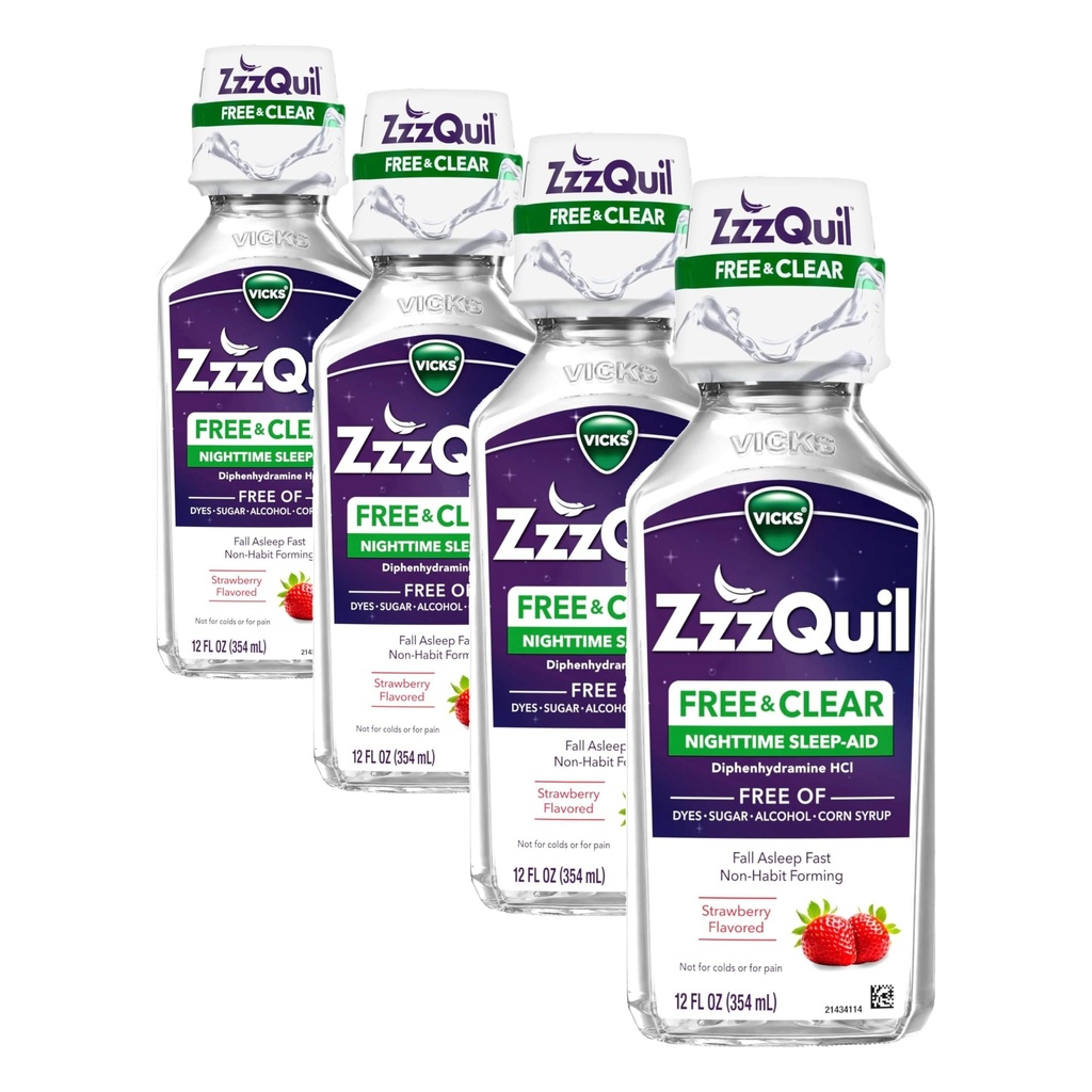 ZzzQuil, Natt søvnhjelp flytende, gratis av alkohol og kunstige dyser, 50 mg Diphenhydramine HCl, No1 søvnhjelp merkevare, falle søvn raskt, ikke-habit forming, berry flavor, 12 FL OZ (pakke med 4)