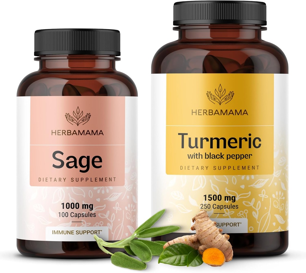 HERBAMAMA Sage og Turmeric Kit - Bundle på 1000 mg Sage Leaf & Turmeric Curcumin Capsules - Vegan, ikke-GMO, Gelatin-Free - 2 Pack